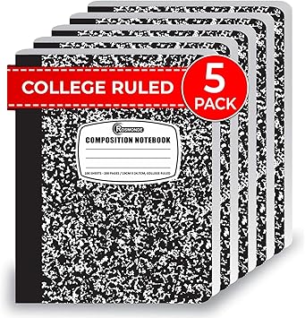 College Ruled Composition Notebooks 5 Pack, 200 Pages (100 Sheets), 9-34" x 7-12", White Black Marble Composition Book, Hard Cover, Sturdy Sewn Binding, School, College Office Supplies