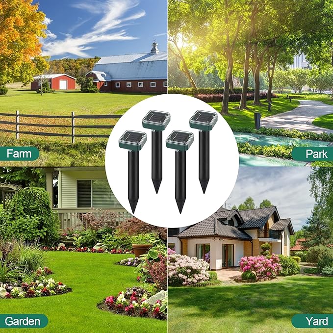 Mole Repellent Solar Powered 4 Pack,Snake Vole Repellent Outdoor, Gopher Repeller Ultrasonic Solar Powered for Lawn Garden Waterproof, Sonic Mole Spikes,Get Rid of Moles Groundhog Chipmunk Repellent