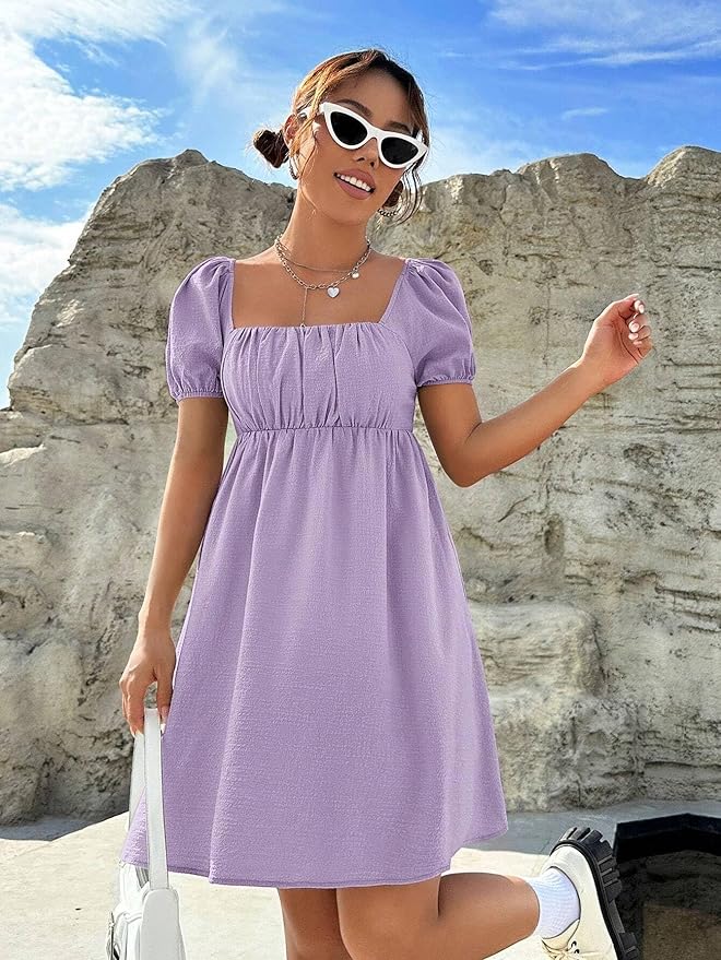 Women's Summer Sexy Formal Square Neck Puff Sleeve Ruched Bust Dress Cocktail Club Casual Party