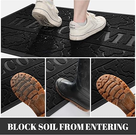Yimobra Welcome Mat Outdoor Indoor, 29.5x17 All-Season Waterproof Front Door Mat, All-Weather Heavy Duty Doormat, Low Profile Porch Patio Entrance Mat, Non Slip Outside Mat, Black
