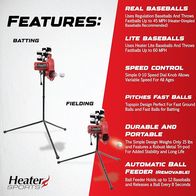 Heater Sports Base Hit Lite Adjustable Baseball Pitching Machine 45 MPH Pitching Speed, Includes Automatic Ball Feeder, Extremely Accurate Perfect for Hitting and Fielding Training for All Ages