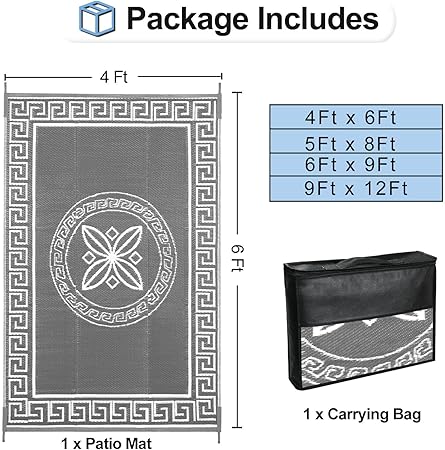 OutdoorLines Outdoor Reversible Rugs for Patio 4x6 ft - Plastic Area Rug, Stain UV Resistant Portable RV Carpet, Plastic Straw Mats for Porch, Pool Deck and Camping QuatrefoilGray White