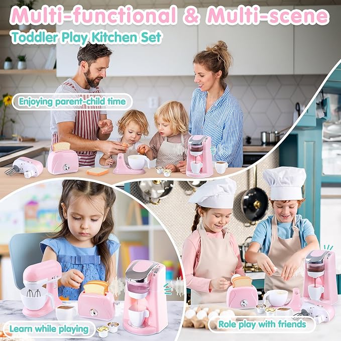 Kitchen Appliances Toys Playset Accessories for Toddlers Ages 3+, Pink | Toy Coffee Maker for Kids, Pretend Play Kitchen Set with Mixer & Toaster, Realistic Lights & Sounds, Ages 3+