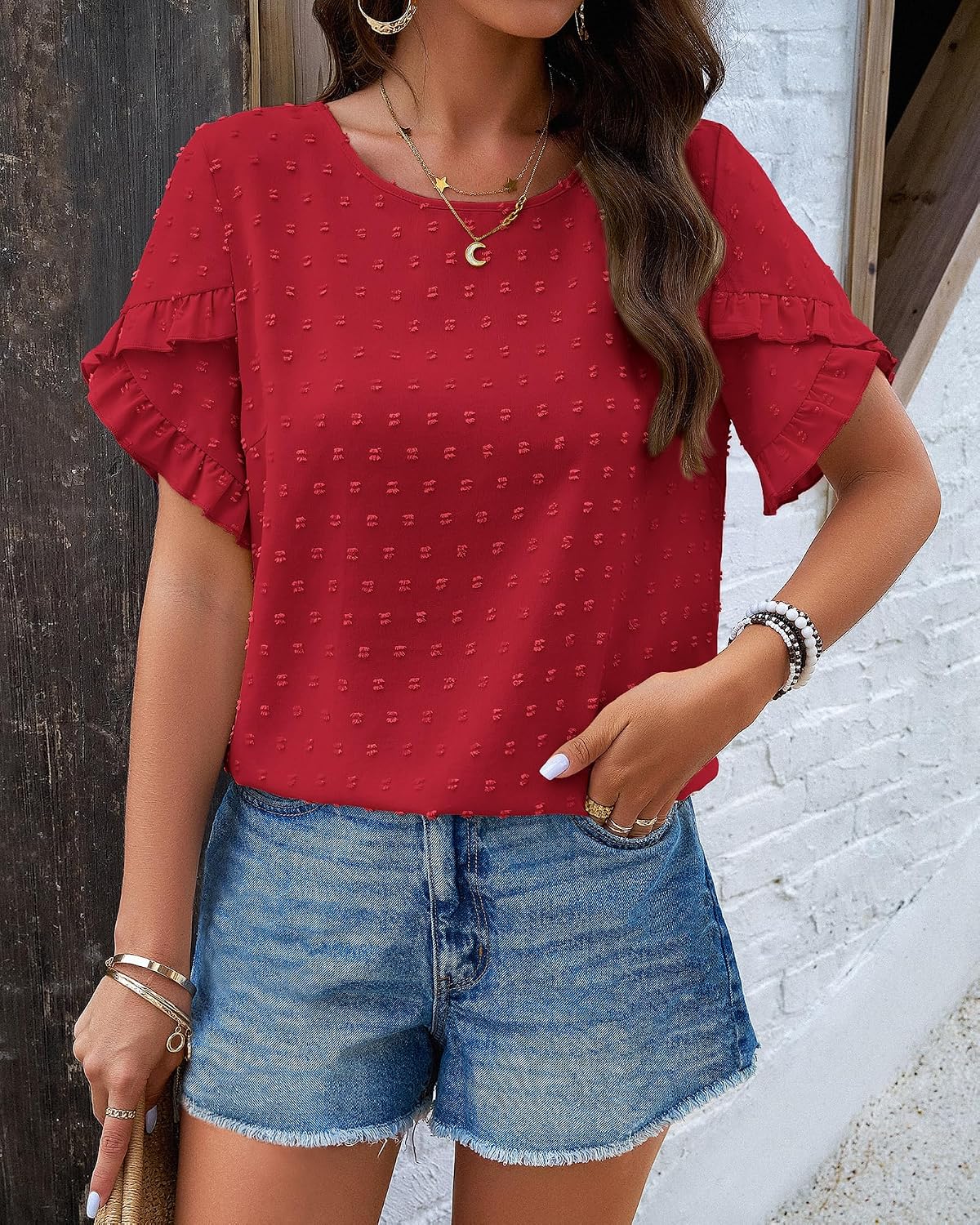 PRETTYGARDEN Women's Tops 2026 Summer Ruffle Short Sleeve Crewneck Blouses Swiss Dots Solid Loose Tunics Work Shirts