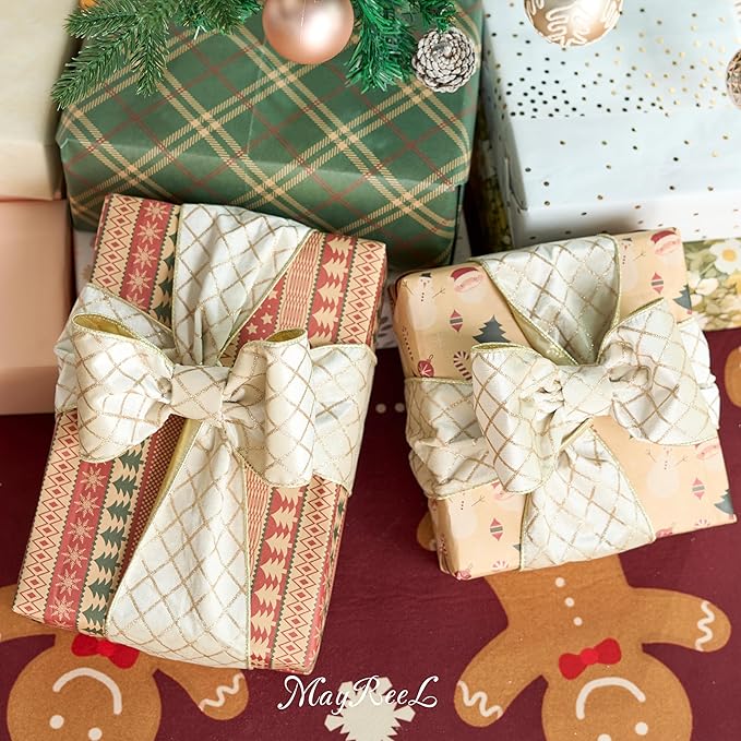 MAYREEL 4 Inch Ivory and Gold Velvet Wired Ribbon Metallic Diamond Glitter Grid for Christmas Gift Wrapping Floral Craft Bows Wreaths Garland Wedding Holiday Decor 10 Yards