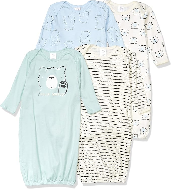 0 Months, 4-pack Gerber baby sleeper gowns with expandable neckline, open bottoms, and soft cotton fabric for nighttime comfort.