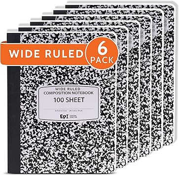 EPI Marble Hardcover Wide Ruled Composition Notebook 200 Pages (100 Sheets), 9.75 x 7.5 in, Sturdy Sewn Binding School, Office, Journaling, Notes - 6 Pack
