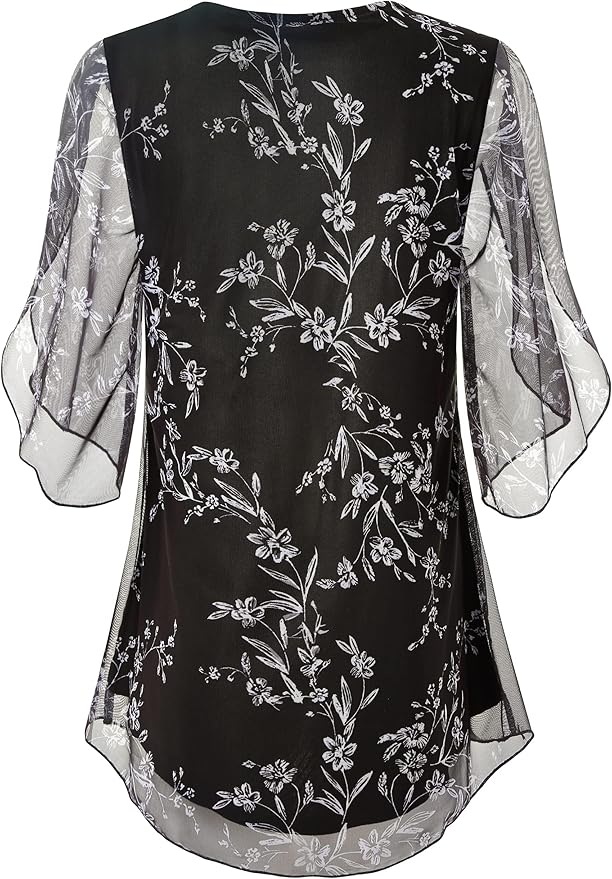 SeSe Code Womens Ruffle 3/4 Sleeve Mesh Blouses Loose Flowy Tops Stretchy Shirts