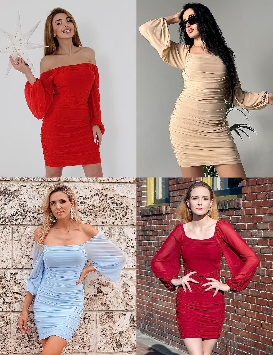 MEROKEETY Women Square Neck Lantern Long Sleeve Mesh Ruched Bodycon Clubwear Mini Dress