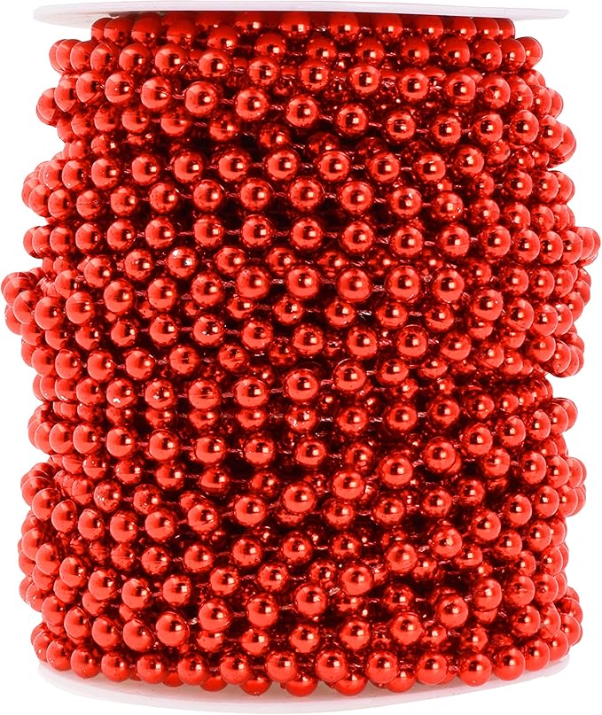 Mandala Crafts Faux Red Pearl Beads Roll - 6mm Fake Pearls Chain Spool - 27 Yds Strand of Pearls String of Pearls Garlands for Christmas Tree Wedding Party Decoration