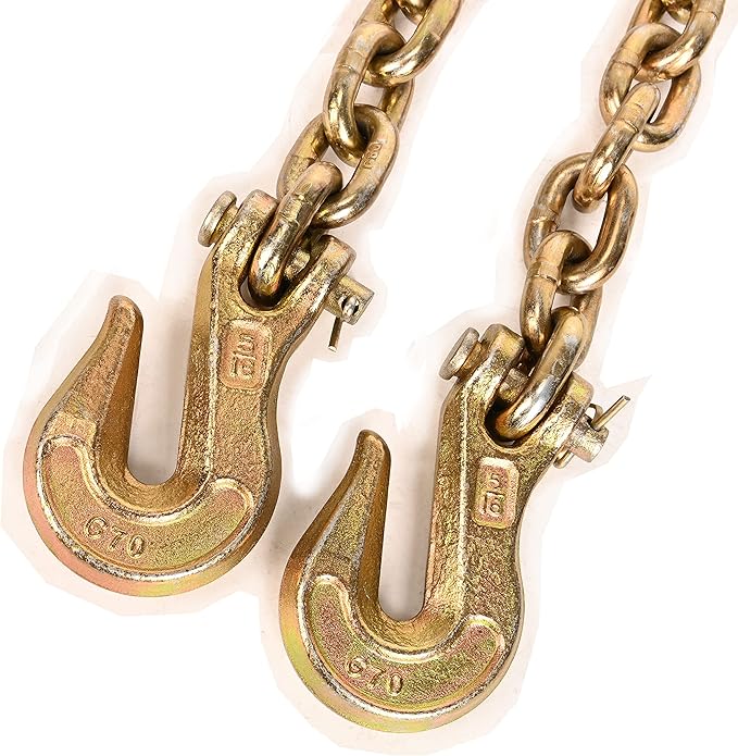 AAIN G80 Heavy Duty Transport Chain 516 Inch x 10 Foot, Load Binder Tow Lock Chains with G70 Clevis Grab Hooks, 4,900 lbs Safe Working Load for Loading Tie Down Fixed Cargo Flatbed Truck Trailer