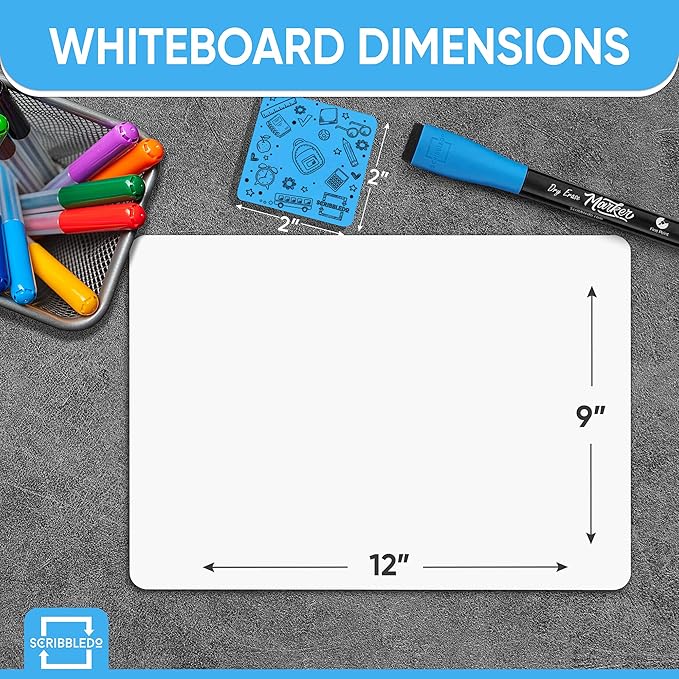 Scribbledo 12 Small White Board Dry Erase Boards Classroom Pack Mini White Boards 9"x12Au Double Sided Personal Whiteboards for Students Teachers School Supplies Lapboards Mini Whiteboard Erasers Incl