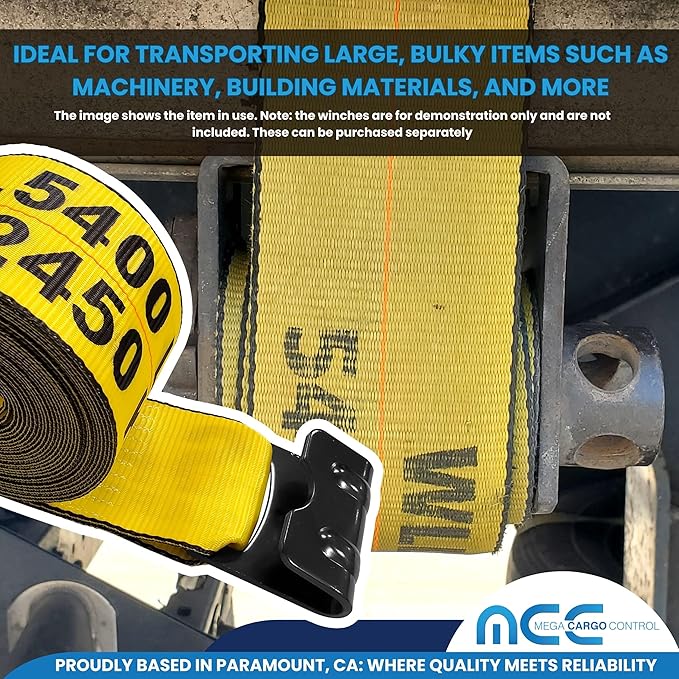 4" x 30' Heavy Duty Winch Straps wFlat Hook - Pack of 1, Yellow Tie Downs for Flat Bed, Truck, Farm, Utility Trailers (5400 LBS WLL)