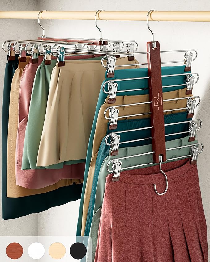 MORALVE Skirt Hangers Space Saving with Clips - 2 Pack - European Beechwood 5-Tier Hanger for Shorts, Skirts, and Pants - Closet Organizer and Storage Solution for Women with 360 Swivel Hook