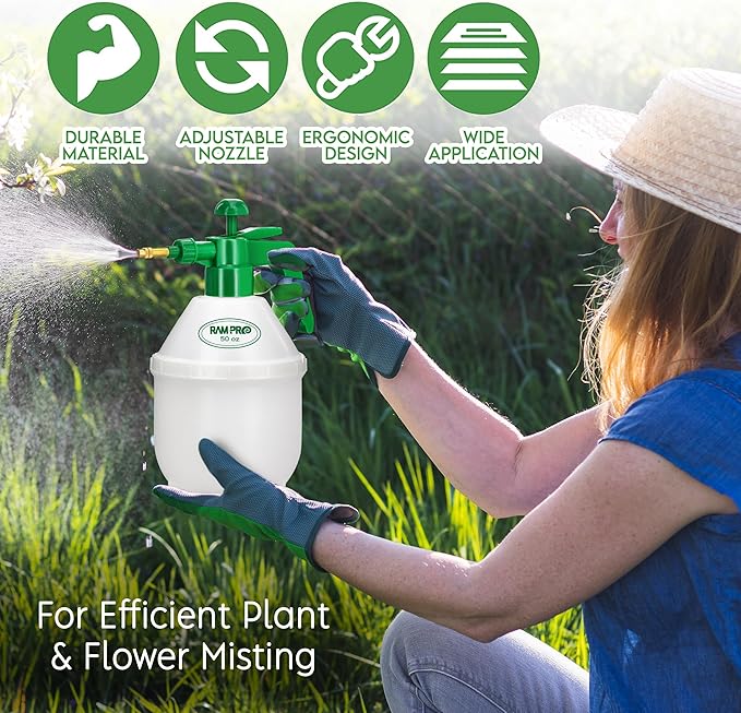 Garden Pump Sprayer, Handheld Bottle Mist Water Sprayer, Hand Pressure Home Cleaning Plant Lawn Sprayer w/Safety Valve & Adjustable Bronze Nozzle, 1.5 Liter/.4 Gallon/50Ounces –by Rampro