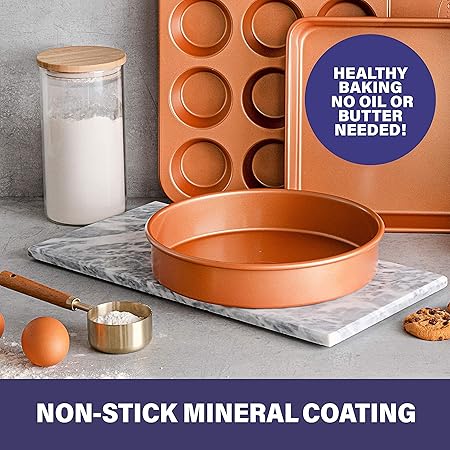 Gotham Steel Round Baking Pan Nonstick Bakeware, Round Cake Pan, Large 9.5 x 9.5 x 2 Size, Even Heat Non-Warp Technology, Ultra Nonstick Ceramic Coating, Dishwasher Safe, Brownish
