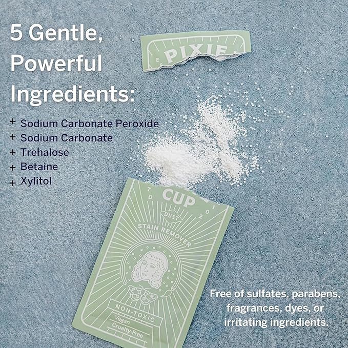 Pixie Cup Stain Remover for Wash Menstrual Cup - The Only Sterilizer Cleaner that Will Remove Stains On Your Reusable Menstrual Discs Period Cups - Organic and Natural Ingredients (5 Packets)