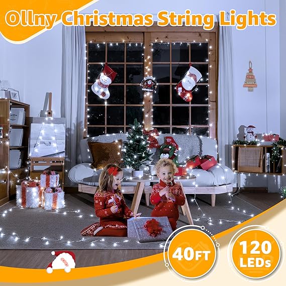 Ollny Christmas Lights 120LED 40FT, Cool White Fairy Lights Waterproof Connectable Timer, 8 Modes Plug in String Lights for Bedroom Outdoor Tree Indoor House Decorations