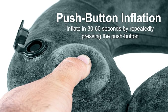 Inflatable Travel Pillow with Luxuriously Soft Washable Cover - Ergonomic Neck and Lumbar Support for Prevention of Cervical and Lower Back Pain (Daydreamer Grey)