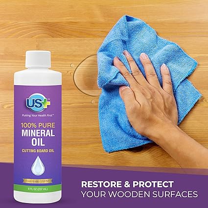 8oz US 100 Pure Mineral Oil - Cutting Board Oil - Food-Grade - USP - GMO-Free - Restores Protects Cutting Boards, Butcher Blocks, Countertops, Steel Surfaces More
