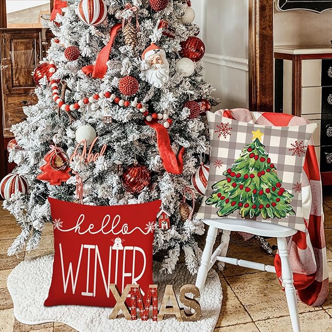 Dixutzi Christmas Pillow Covers 18x18 Set of 4, Red Tree Truck Snowflake Merry Christmas Hello Winter Holiday Farmhouse Xmas Decorative Throw Pillows Cushion Case for Sofa Couch Home Decor
