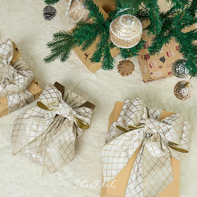 MAYREEL 4 Inch Ivory and Gold Velvet Wired Ribbon Metallic Diamond Glitter Grid for Christmas Gift Wrapping Floral Craft Bows Wreaths Garland Wedding Holiday Decor 10 Yards