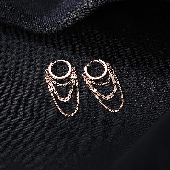 Reffeer Solid 925 Sterling Silver Chain Drop Earrings Hoop for Women Teens Hoop Earrings Tassel Chain Huggie Dangle Earrings