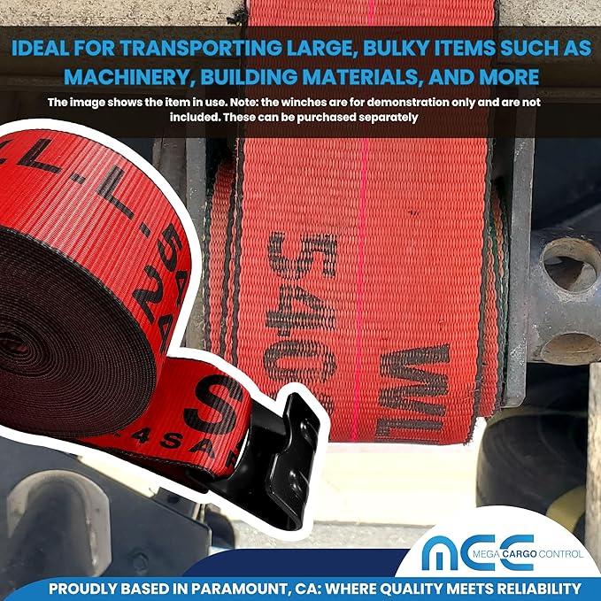 4" x 30' Heavy Duty Winch Straps w/Flat Hook - Pack of 1, Red Tie Downs for Flat Bed, Truck, Farm, Utility Trailers (5400 LBS WLL)