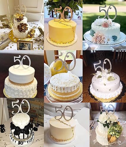 Honbay 50 Birthday Cake Topper Sparkly Bling Alloy Crystal Rhinestones Cake Topper Cake Decoration for 50th Birthday or Anniversary Party (Silver)