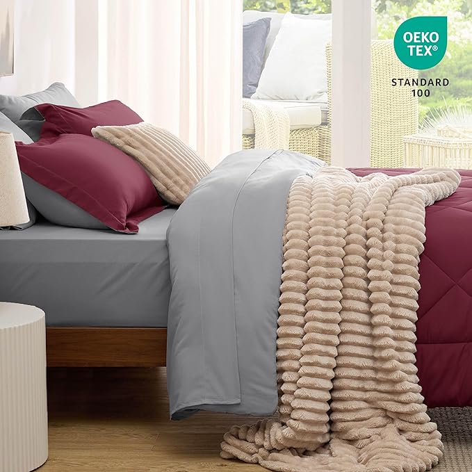 Bedsure Queen Comforter Set - 7 Pieces Reversible Burgundy Bedding, Queen Size Bed Set for All Seasons, Bed in a Bag with Down Alternative Comforter, Sheets, Pillowcases Shams