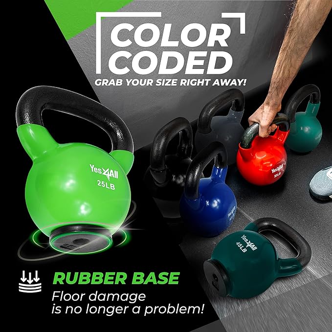 Yes4All Kettlebells Rubber Base, Kettlebell Set for Women, Strength Training Kettlebells Weights (25lb)