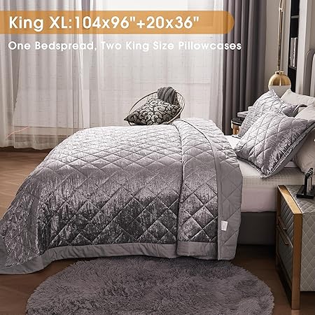 LUCKYBULL Silver Korean Velvet Quilt Set King XL Size (104x96 inch), 3 Pieces Luxury Textured Soft Bedspread with 2 Pillowcases, Reversible Coverlet Set for All Season