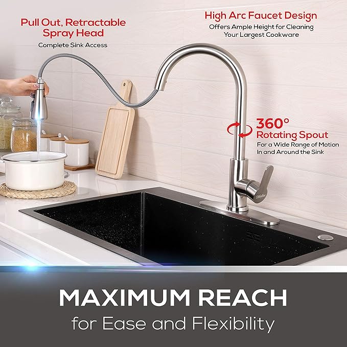 Mueller Single Handle Stainless Steel Kitchen Sink Faucet, High Arc, Single Lever, Pull-Out Sprayer Head, Stream Flow, Powerful Spray Kitchen Sink, with Deck Plate Brushed Nickel Finish