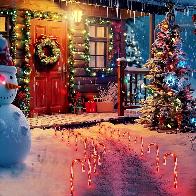 10" Christmas Candy Cane Lights (10PCS) for Landscape Decoration,Red White Pathway Makers Lights (Include Stakes)