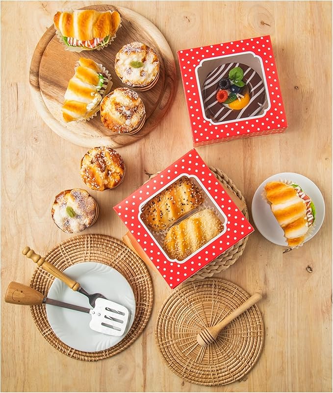 20 Pack Bakery Boxes with Window Small 6x6x2 inch for Cookie, Candy, Pastry, Brownie, Chiffon Cake, Tart, Pie, Waffle (Red-Polka Dot)