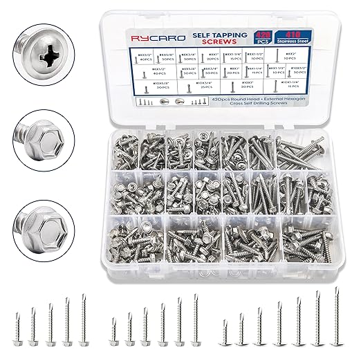 420Pcs Self Tapping TEK Screws for Metal, Wood, & Sheet - 410 Stainless Steel Self Drilling Screws - #8#10 Phillips & Hex Washer Screws