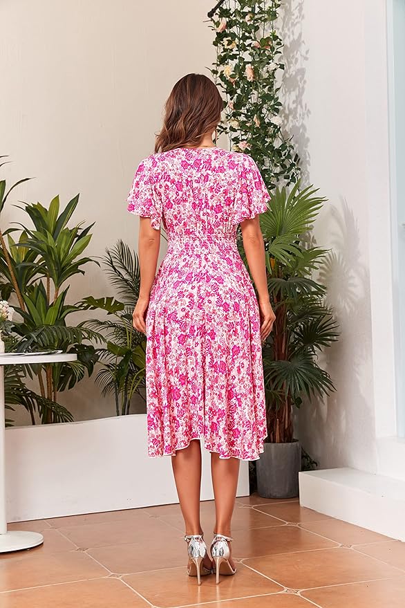 Woman's Floral V Neck Button Elastic Waist Dress with Pockets