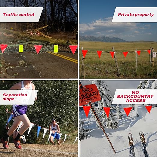 Fluorescent Orange OSHA Perimeter Marking Flags (102FT string) Warn of hazardous areas, traffic control.Marking construction sites, scaffolding, sporting events, private property.
