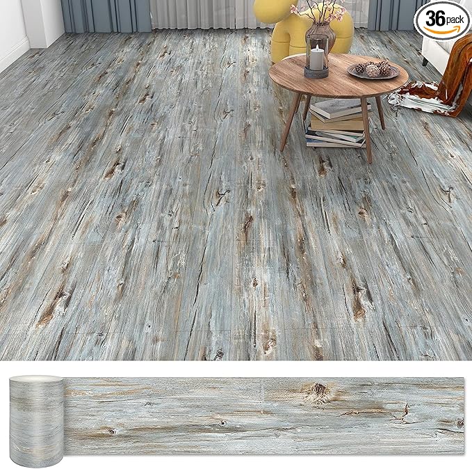 36 Pack of Waterproof Self-Adhesive Tiles, No Sticky Residue Left, 54 Square Feet, Self-Adhesive Wood Tile Vinyl for Home (36 x 6 inches, Dusty Grey)