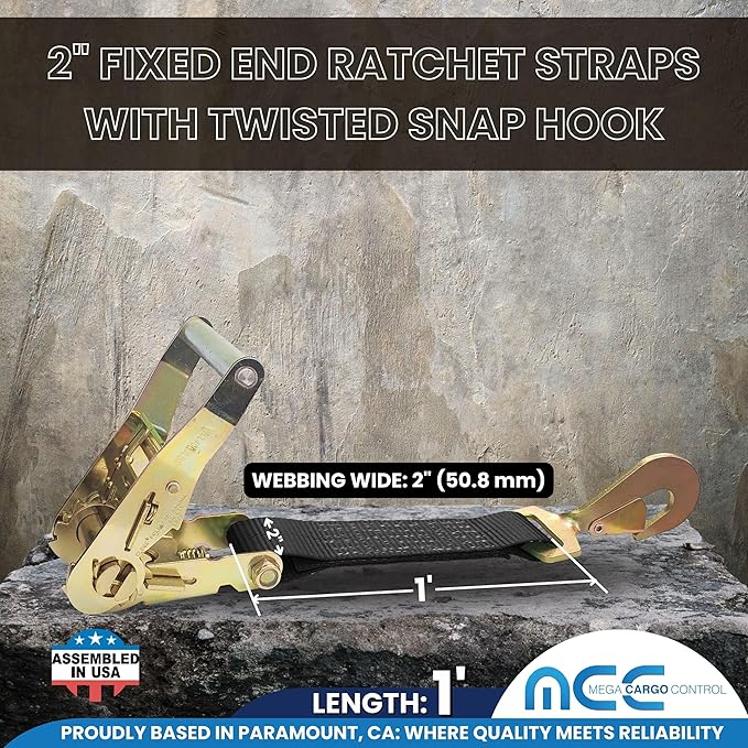 Mega Cargo Control 2" Replacement Tie Downs, Fixed-End Ratchet Straps with Twisted Snap Hooks - Black Short End Straps