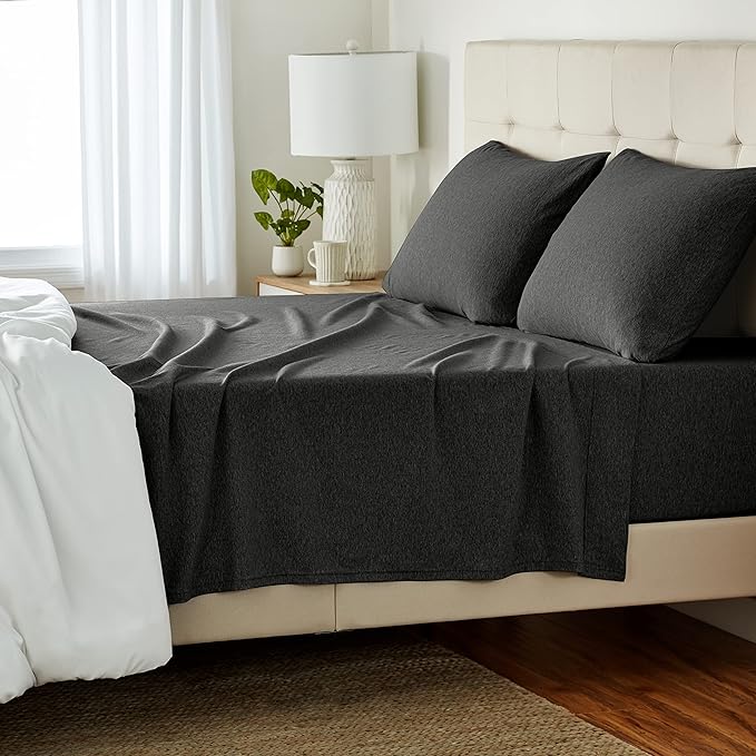 Basics 4 Piece Bed Sheet Set, 100 Cotton Jersey, Includes Super Soft, Flat and Fitted Sheets, Pillowcase, Queen, Dark Gray, Solid