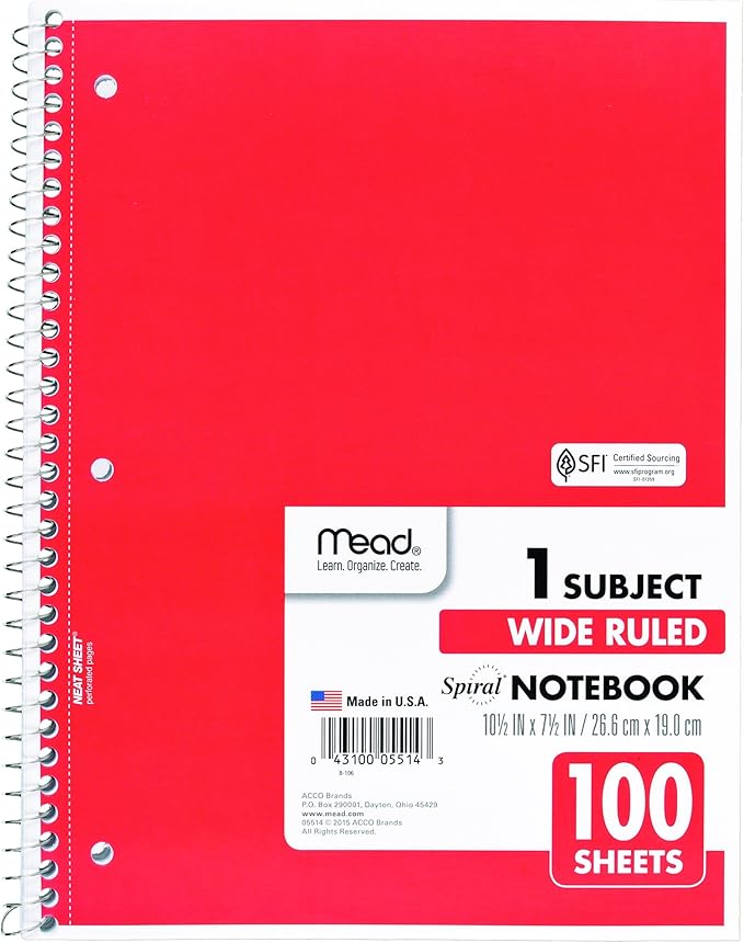 Mead Spiral Notebook, 1 Subject, Wide Ruled Paper, 100 Sheets, 10-12" x 8", Color Selected For You, 1 Count (05514) (Pack of 2)