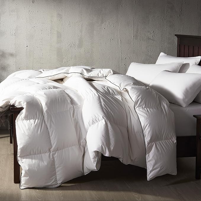 Alanzimo Luxurious Goose Feather Down Fiber Comforter Oversized King, 100 Organic Cotton Cover Wihte Duvet Insert, Hotel Grade All Season Bedding Comforters 116x98 with 8 Tabs