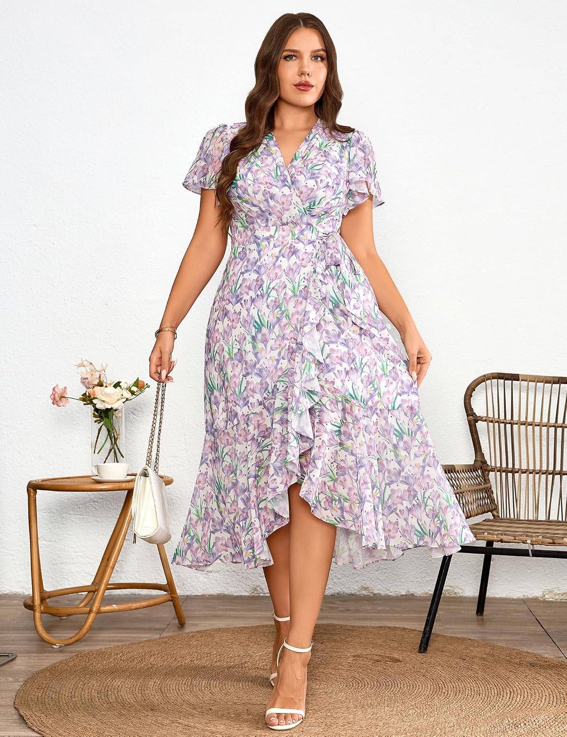 EYWOL Plus Size Wedding Guest Dress for Women, Floral Chiffon Midi Wrap Dress, Flutter Sleeve High Waist Flowy Summer Dresses