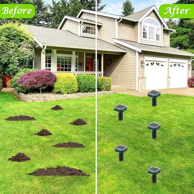 Mole Repellent Solar Powered 4 Pack,Snake Vole Repellent Outdoor, Gopher Repeller Ultrasonic Solar Powered for Lawn Garden Waterproof, Sonic Mole Spikes,Get Rid of Moles Groundhog Chipmunk Repellent