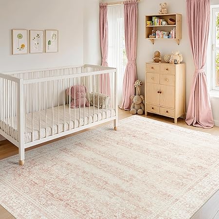 Light Pink Bedroom Rugs 6x9 Aesthetic Cute Boho Floral Feminine Soft Faux Wool Machine Washable Carpet Area Rugs for Kids Room Playroom Office