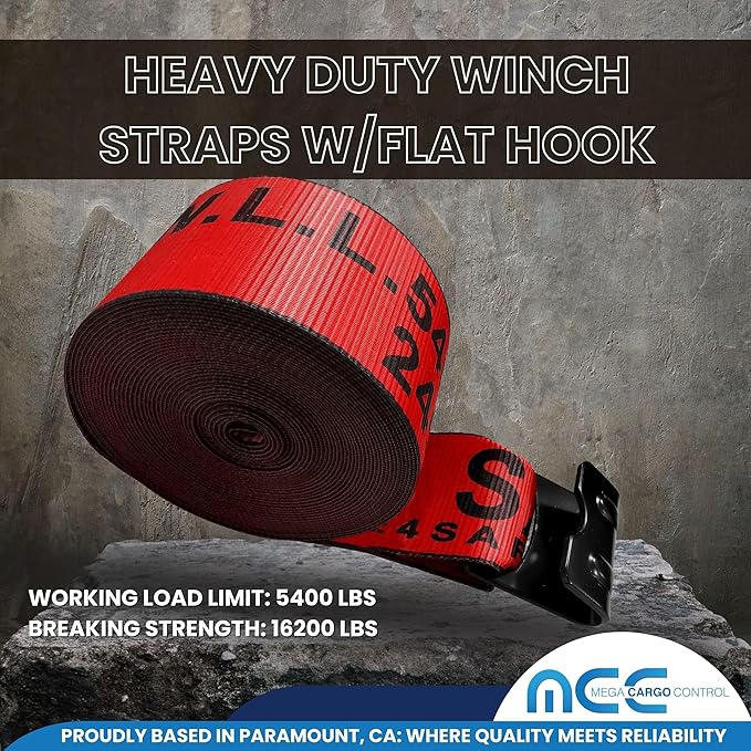 4" x 30' Heavy Duty Winch Straps w/Flat Hook - Pack of 1, Red Tie Downs for Flat Bed, Truck, Farm, Utility Trailers (5400 LBS WLL)