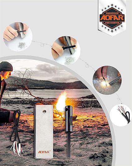 AOFAR Magnesium Fire Starter AF-382 (2-Pack) and AF-374 (2-Pack) Waterproof Fire Steel Pouch for Camping, Hiking, Hunting