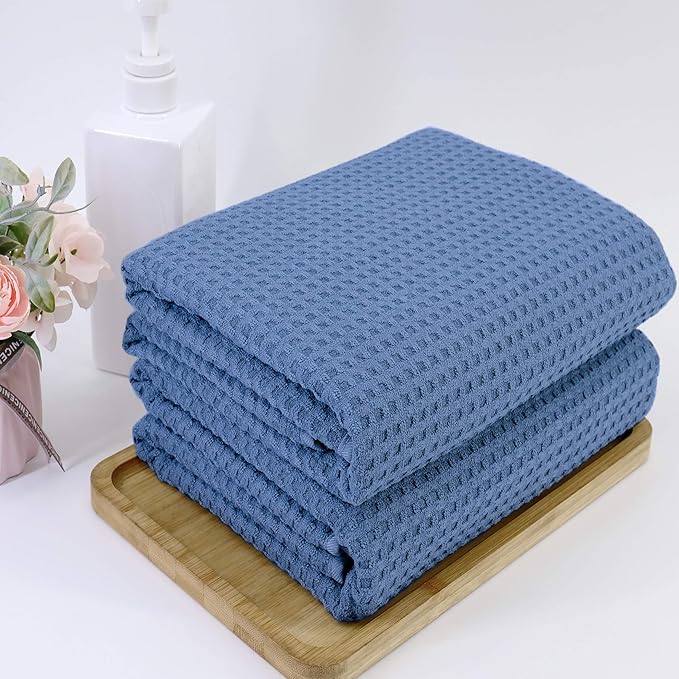 POLYTE Microfiber Oversize Quick Dry Lint Free Bath Towel, 60 x 30 in, Set of 2 (Blue, Waffle Weave)