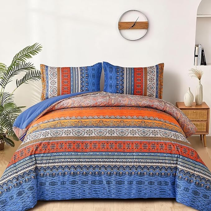 Boho Comforter Queen Size, 3 Piece Blue Orange Bohemian Striped Western Comforter Set, Ultra Soft Lightweight Microfiber Boho Hippie Bedding Set with 2 Pillow Shams for All Seasons